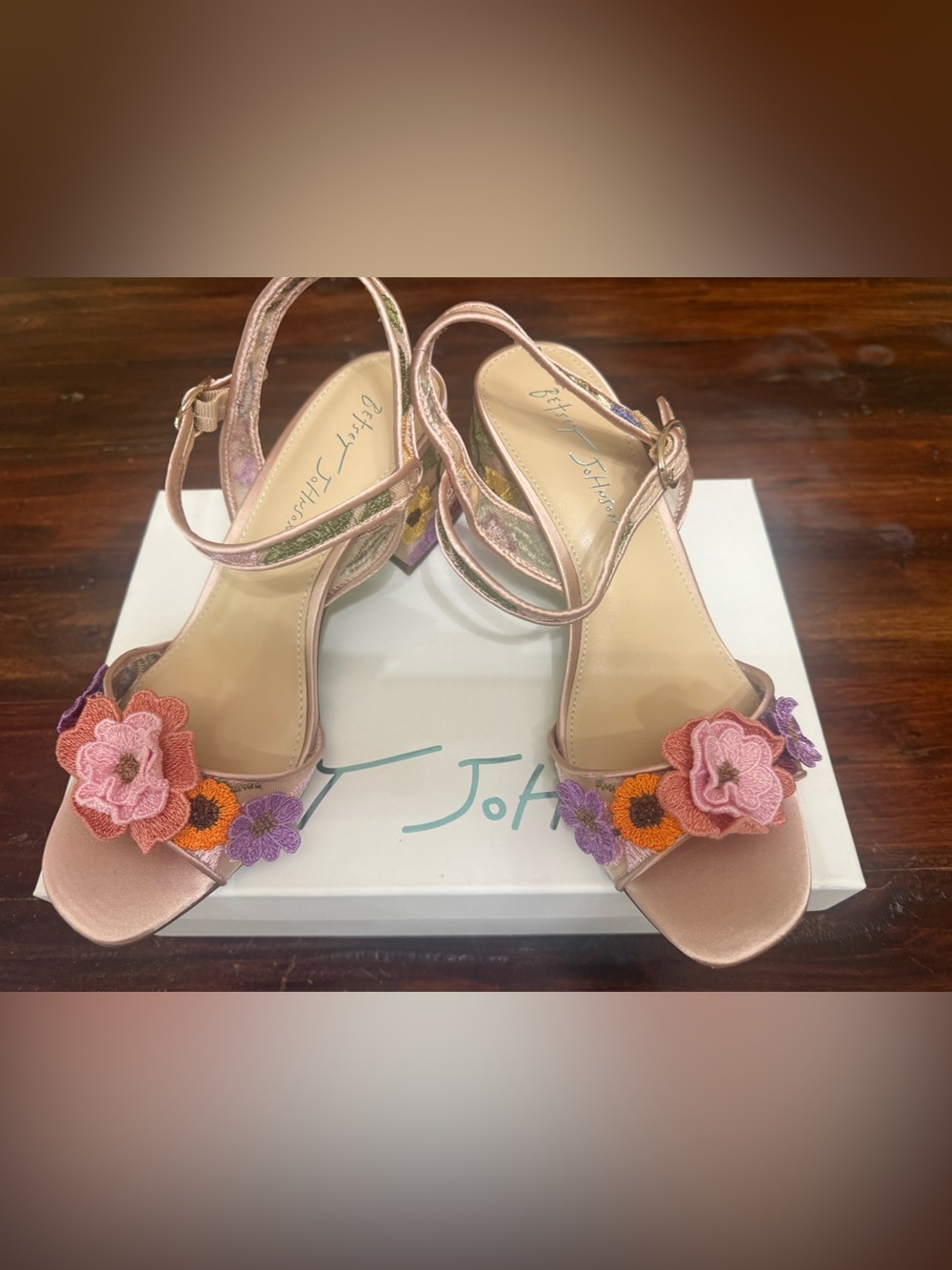 Betsey Johnson Pink Metallic Floral Applique Block Heel Sandals